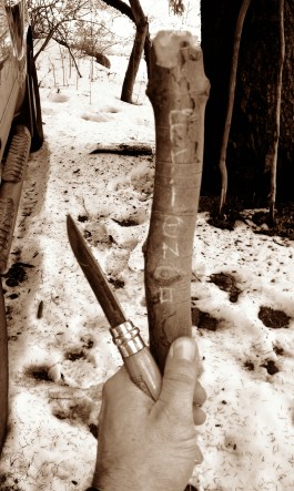 Carving a message on a hiking stick left behind at the OLP trailhead. An outstretched hand to a friend I never met.